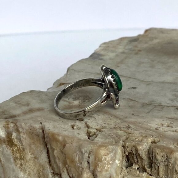 Sterling Silver 925 Southwest Oval Bezel Set Malachite Ring Leaf Accent Size 5.5 - Picture 6 of 16